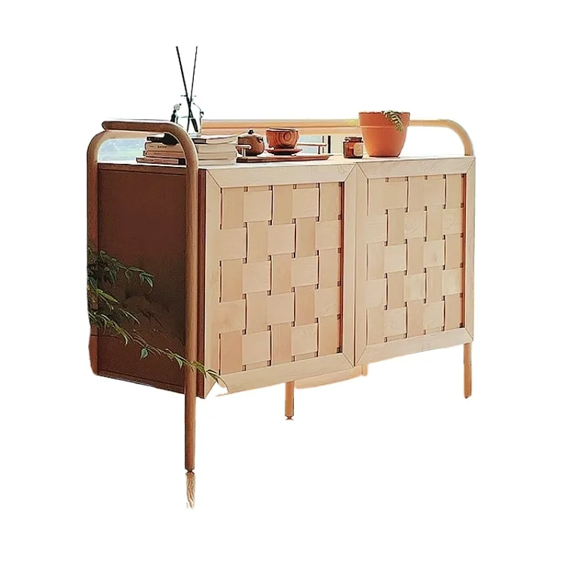 

Nordic simple solid wood braided rattan locker log color dining side cabinet style multi functional storage