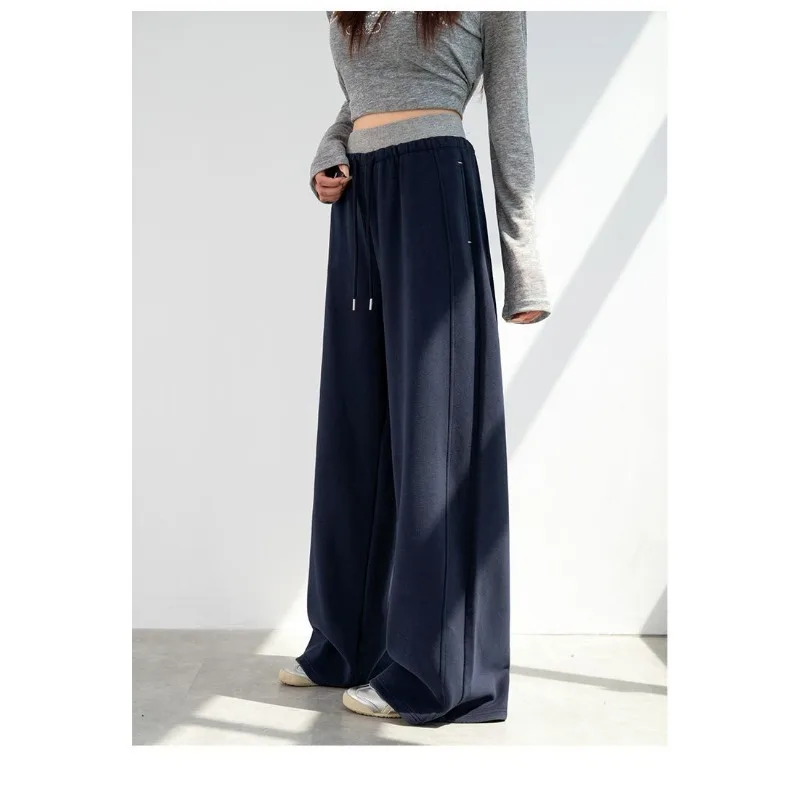 بنطال رياضي بحزام خصر مضلع أمريكي لخريف وشتاء 2025 سروال نسائي جديد عالي الخصر كسول غير رسمي واسع الساق