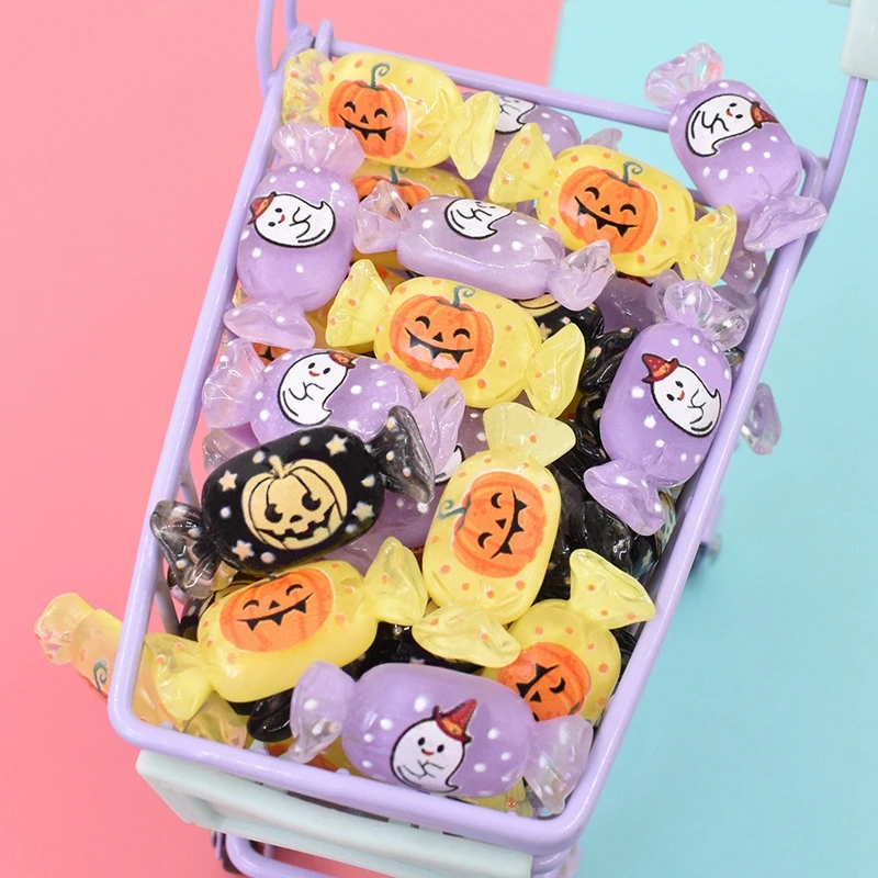 10 Pcs Halloween Cartoon Resin Candy Cute Pumpkin Head Ghost Flat bottom Scrapbook Diy Jewelry hair clips Ornament Accessories