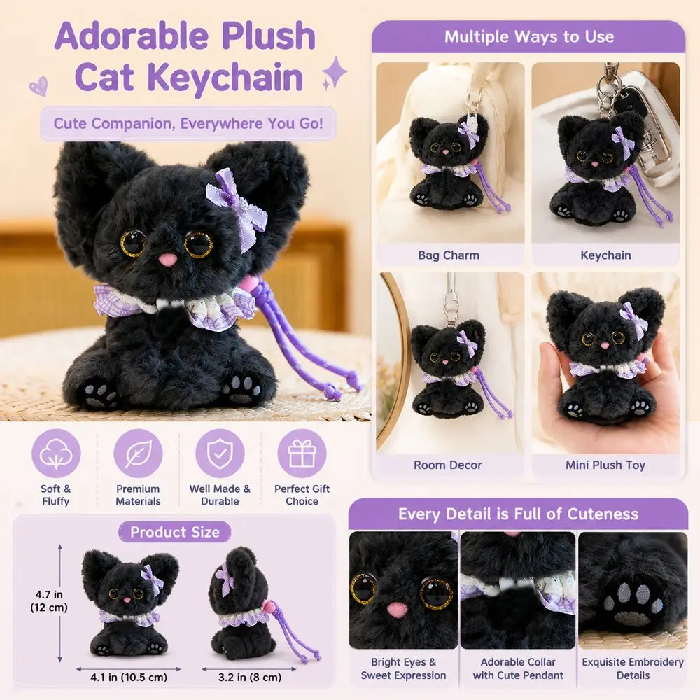 Soft Fabric Cat Keychain Decorative Outfit Cute Cat Shape Cat Pendant Embroidered Details Hanging Loop Bag Decoration