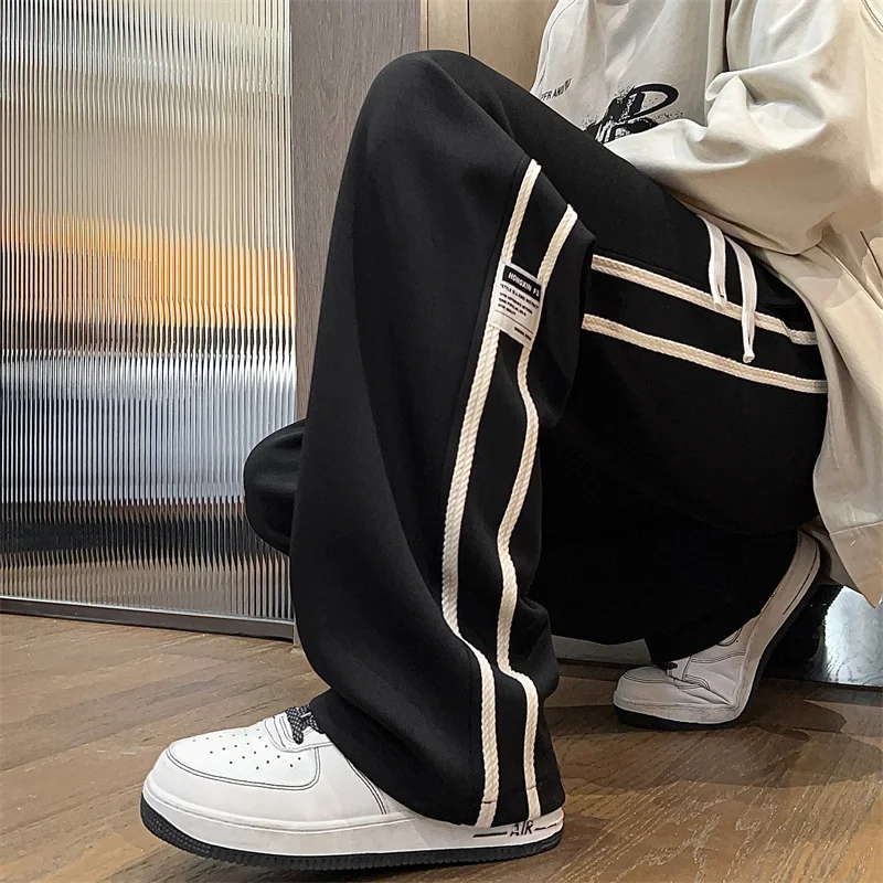 

Autumn New Waffle Casual Pants Striped Label Design Men's Sports Trousers Straight-leg Fashion Woman Wide Leg Cargo Trousers