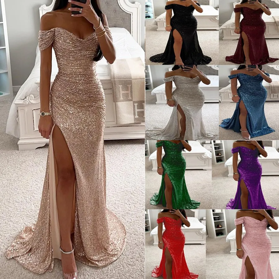 Women's Elegant Off Shoulder A Line Long Sequin Party Dress for Wedding Guest, Prom, Wedding Party, Color Block Sleeveless Gown