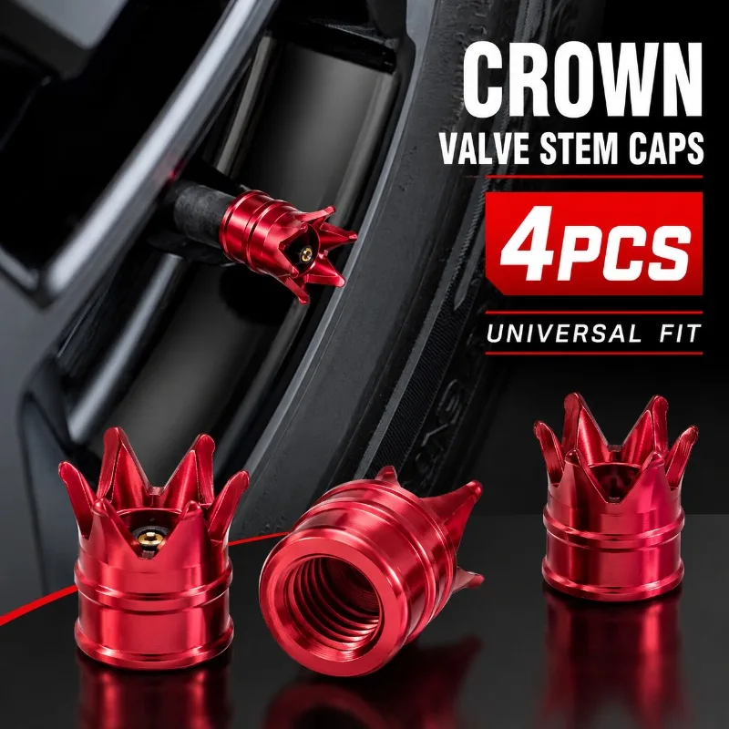 4PCS Aluminum Alloy Crown Tire Valve Caps, Red 8V1 Schrader Air Stem Covers for Cars SUVs Motorcycles Bicycles Wheel Accessories