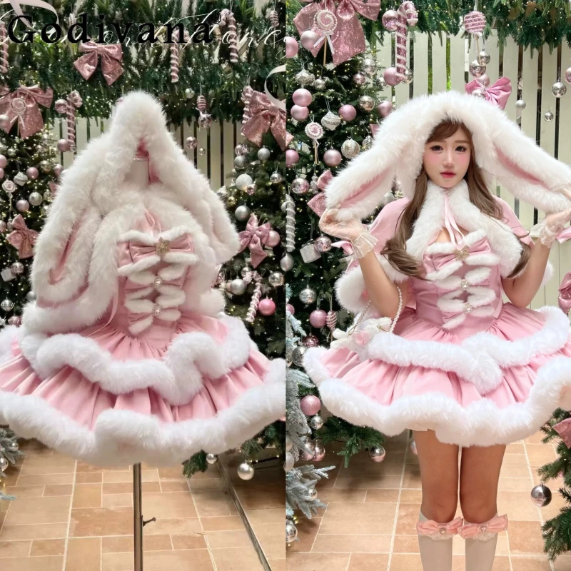 

Christmas Party Pink Lolita Plush Dress Cape Set Winter 2025 Girl's Princess Birthday All Gown Dress Rabbit Ears Hooded Cloak