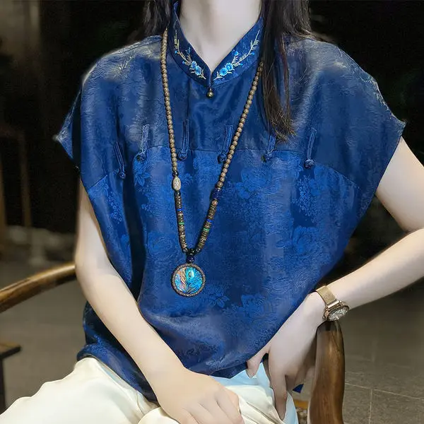 Embroidered Top Women's Summer Premium Feel Modified Cheongsam Chinese Style Buttoned Print Blouse