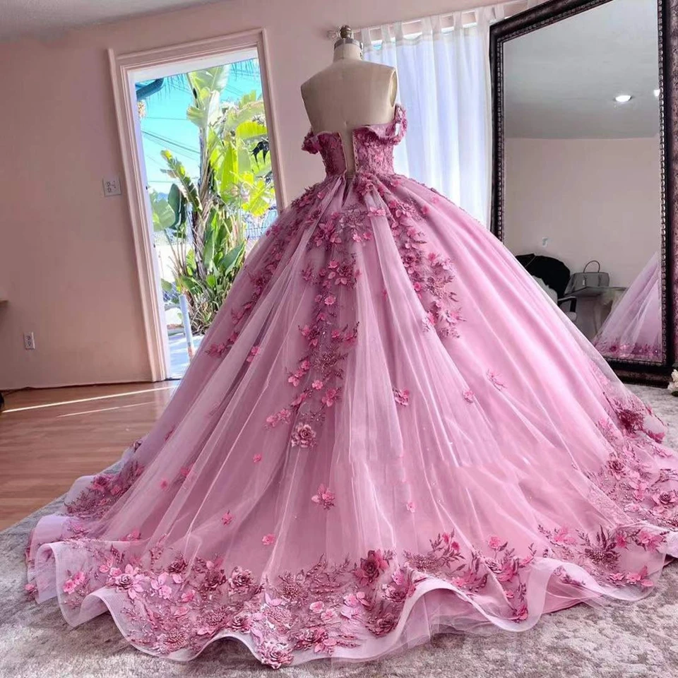 2023 różowy Quinceanera suknie aplikacje Sweetheart kwiaty Graduation suknie balowe Tulle elegancka księżniczka 15 Ballkleider