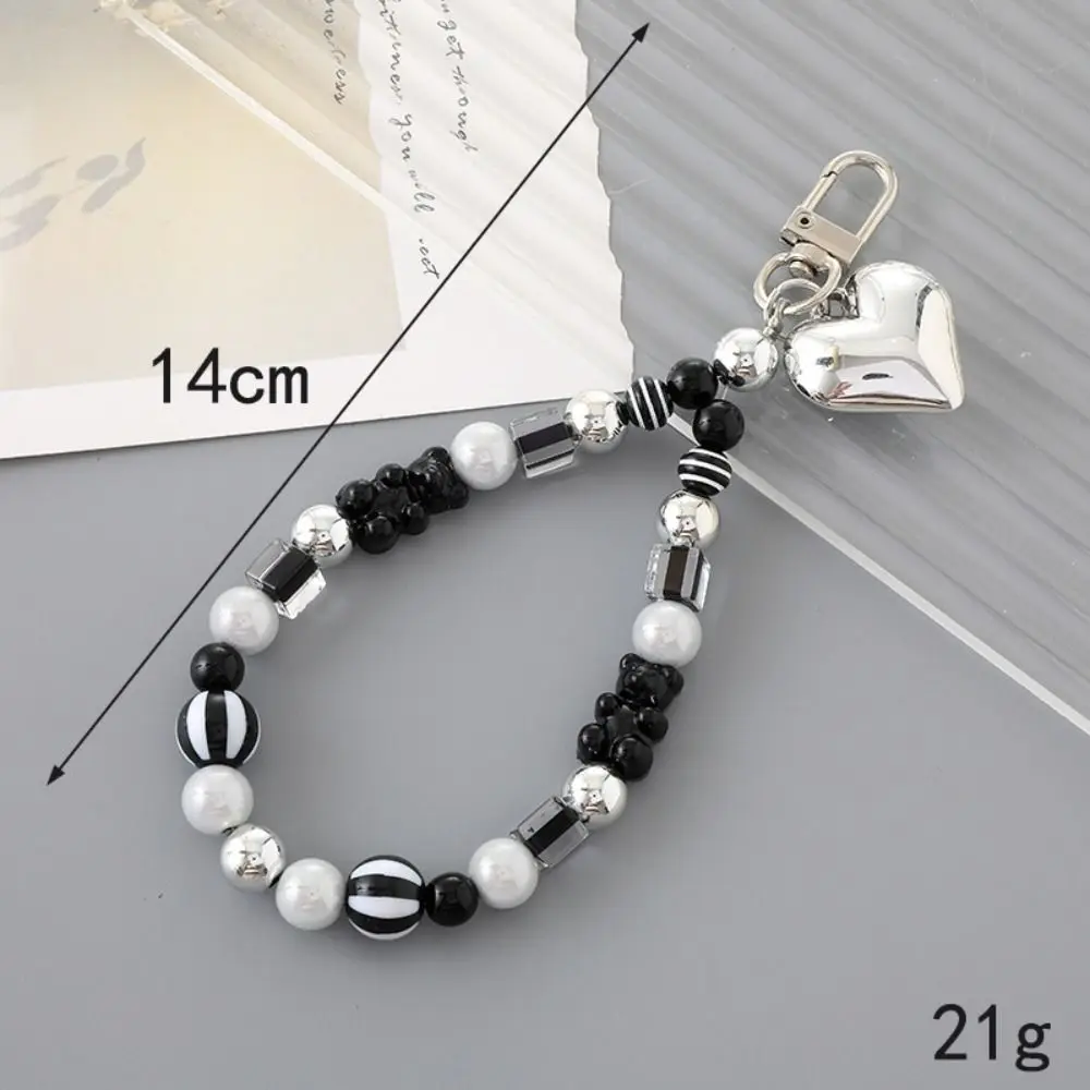 Creative Imitation Pearl Bead Phone Lanyard Metal Heart Universal Keychain Handmade Anti-lost Rope