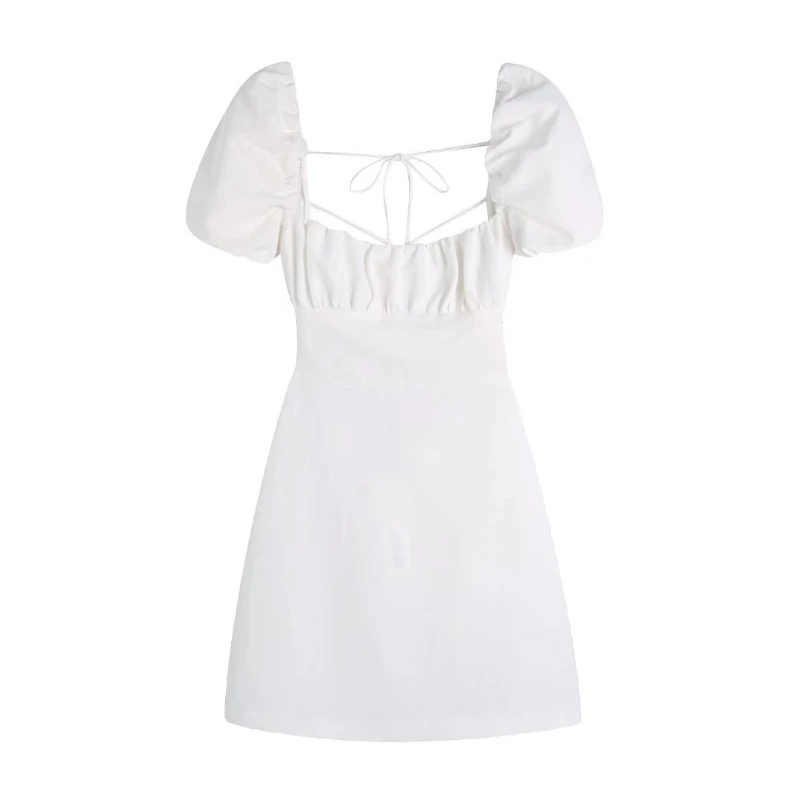

2023 Summer Women White Cotton Dress Backless Puff Short Sleeve Ladies Sundress Y2K Mini Birthday Party Dresses Streetwear Robe