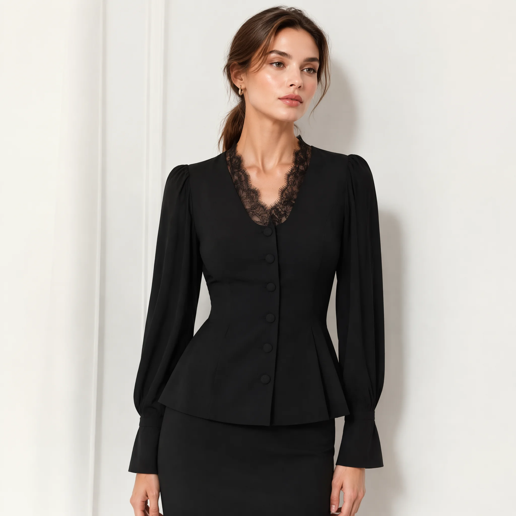 RU 2026 New Ladies V Neck Lace Inset Peplum Top Puff Sleeve Flared Cuff Button Front Slim Fit Elegant Business Blouse