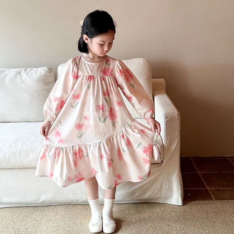 Baby Girls Dress Fashion Sweet Floral Long Skirt with Flounces Loose Princess Dress 2025 Spring New Style Kids Dress