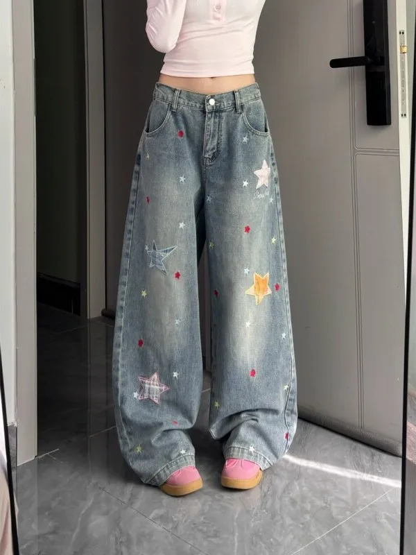 

Светло-голубые джинсовые брюки с вышивкой звездами для мужчин и женщин, весенне-осенние, свободного кроя, универсальные, утягивающие, с широкими штанинами, длинные брюки
