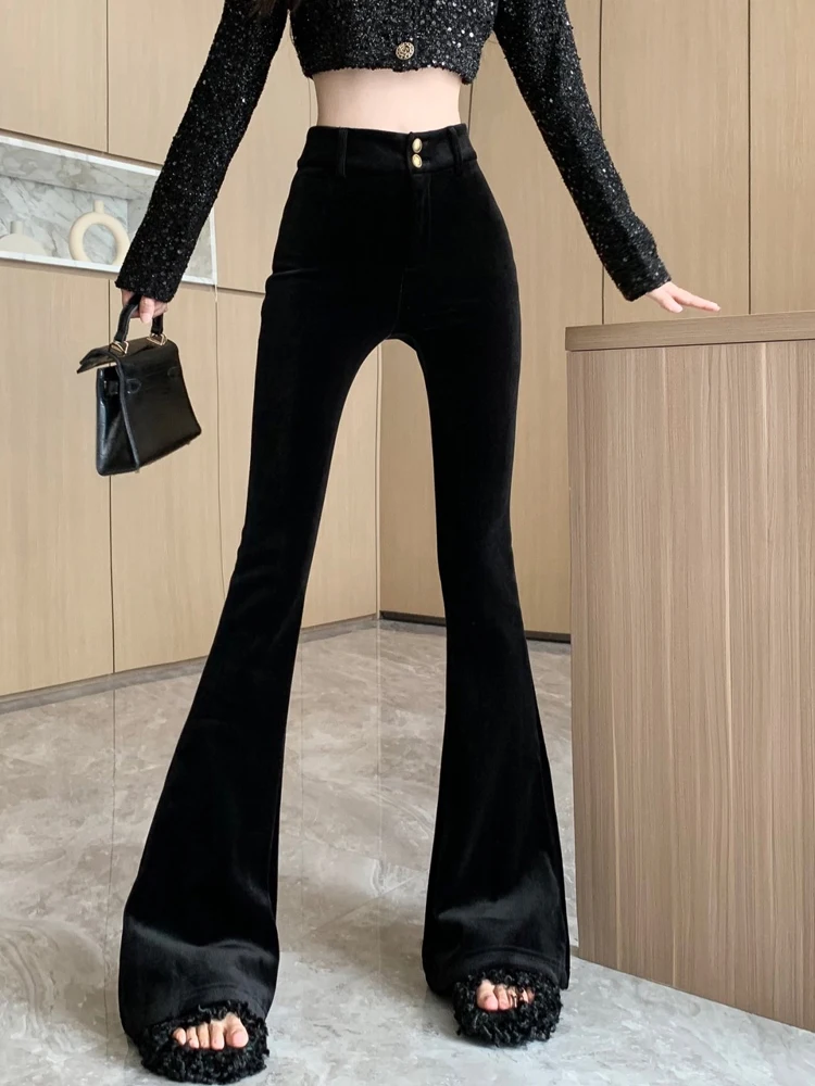 Add velvet and thick micro flared pants women in autumn and winter high waisted casual slimming versatile flared pants