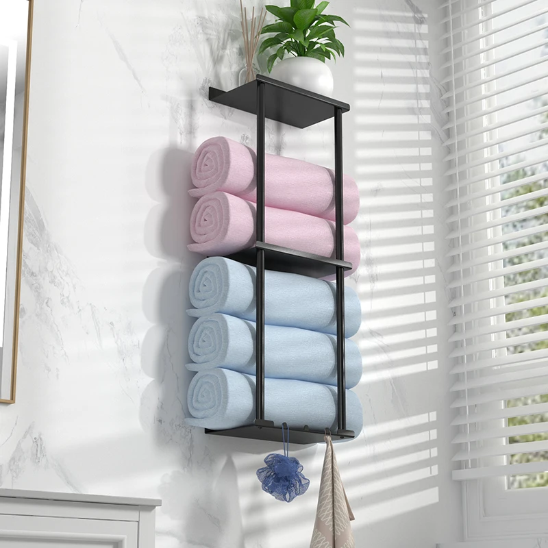 Bathroom towel rack, 2/3 layer metal towel rack with rack and 3 hooks, 6 large towel capacity, bathroom towel rack for rolling t