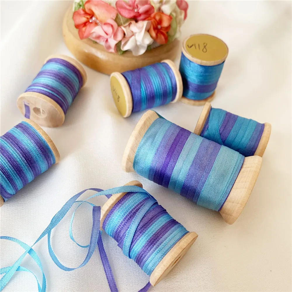 2mmX20mts  Variegated 100% Pure Silk Embroidery Ribbon Thin Taffeta High Quality Silk Ribbon Handcraft