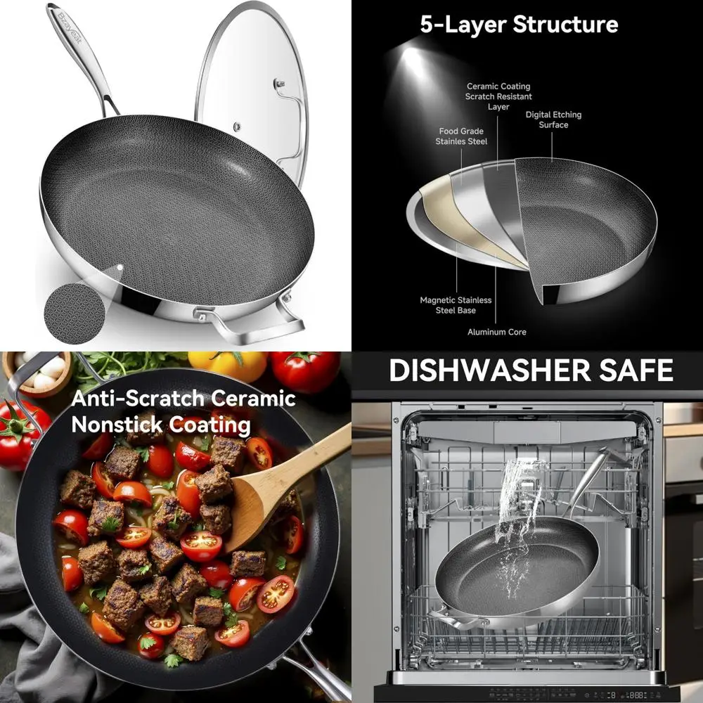 

13-дюймовая трехслойная сковорода из нержавеющей стали с керамическим покрытием и антипригарным покрытием с крышкой - большая сковорода для индукционной приготовления пищи, без PFOA Che