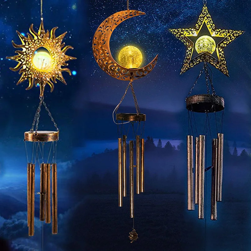 Solar Iron Moon/Sun/Star Wind Chime Lamp Antique Retro New Style Hollow Outdoor Decoration Landscape Garden Lawn Path Yard Light