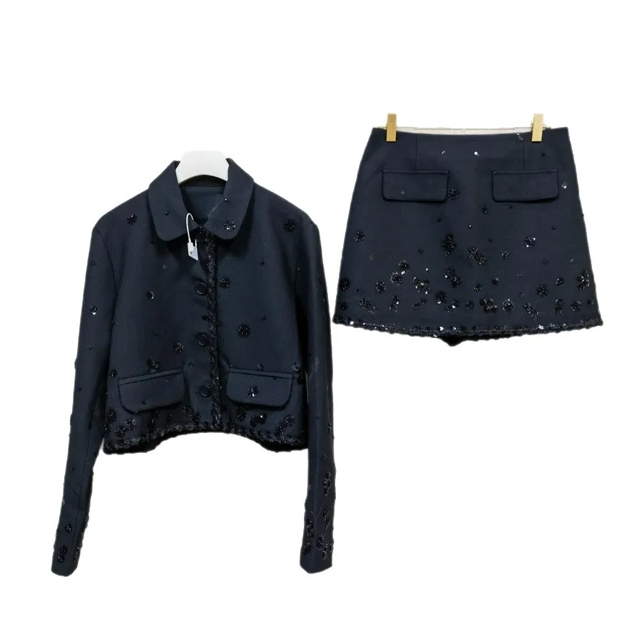 

【Gift Free】 Elegant Embroidered Beaded Floral Sequin Collar Short Jacket & Skirt Set 2025 Fall Winter