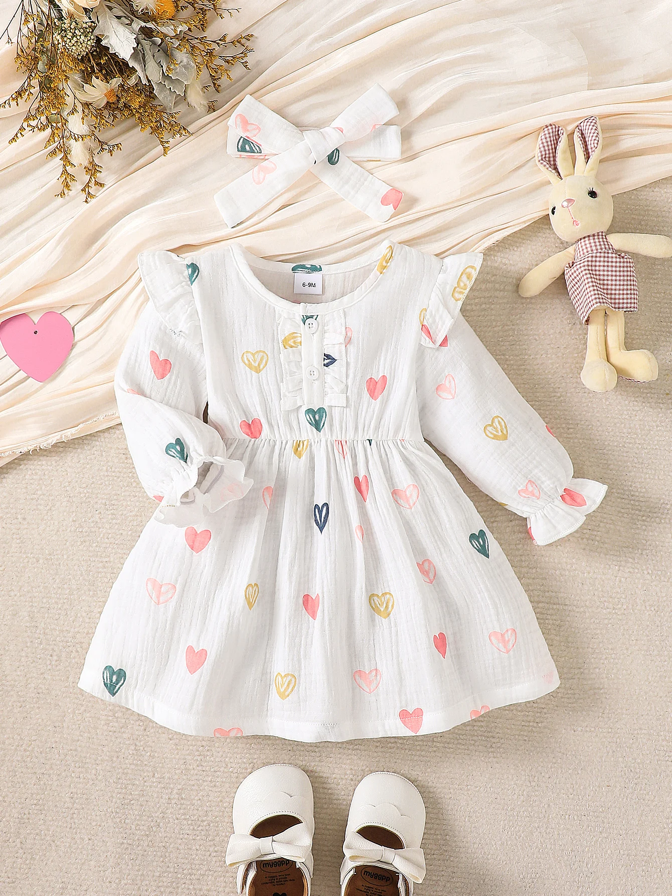 Baby Girl Summer Style Heart-Shaped Double-Sided Ruffled Bow Long-Sleeved Round-Neck Ladylike Versatile Dress + Headwear Two-Piece Set