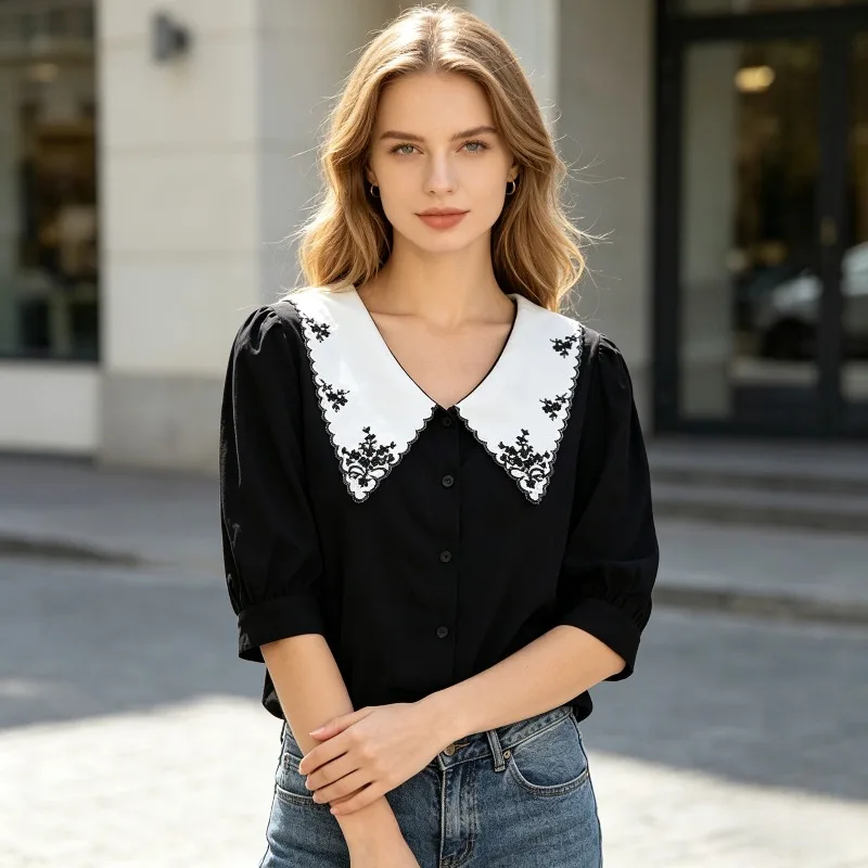 

Korean Embroidered Black Retro Casual Women's Shirt Summer Fashion Slimming Turn-down Collar Bubble Sleeves Girls' Tops New