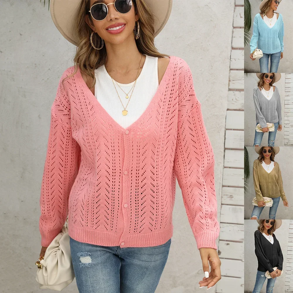 Openwork Cardigan Women's Autumn/winter Solid Color V-neck Long Sleeve Knitwear Temperament Commuter Sweater