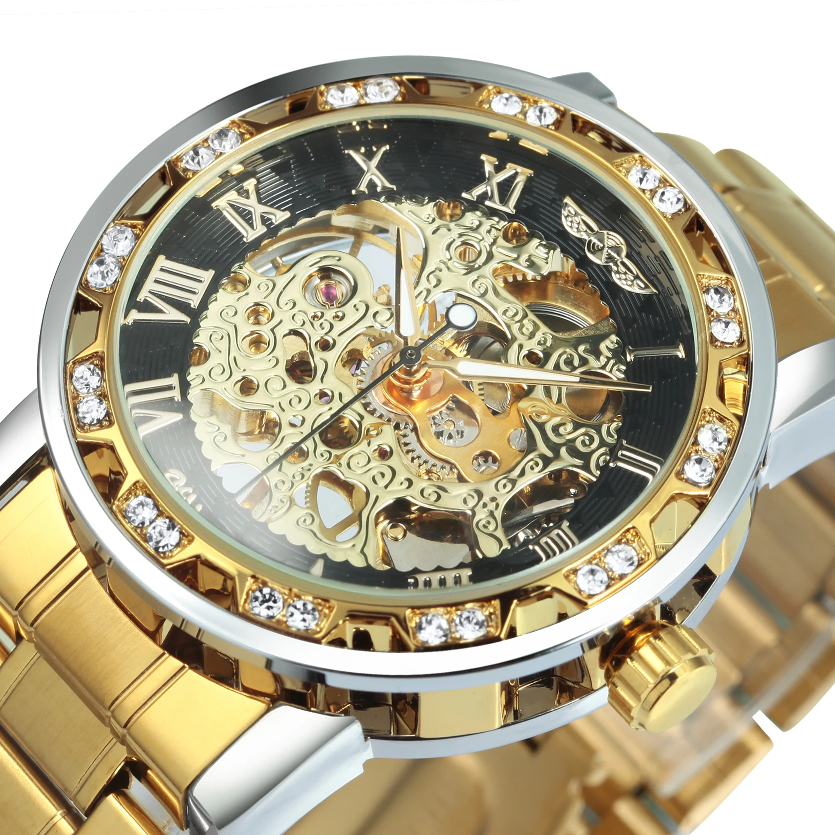 

WINNER Gold Iced Out Mechanical Watch for Men Luminous Hands Stainless Steel Strap Classic Retro Hand Winding Mens Watches 2026