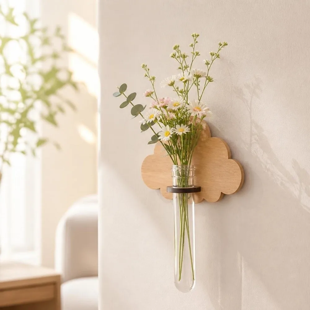 Home Decoration Wooden Hydroponic Planter Shelf Home Ornaments Leaf Shape Wall Mounted Planter Retro Vase Flower Pot Indoor