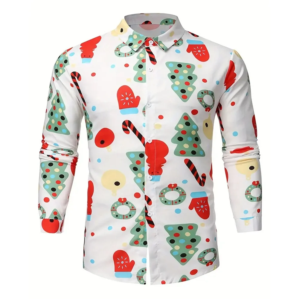 عيد الميلاد الرجال 3D شجرة عيد الميلاد قميص مطبوع سانتا نمط زر قميص طويل أزياء طويلة الأكمام قميص قمم نمط الفردية