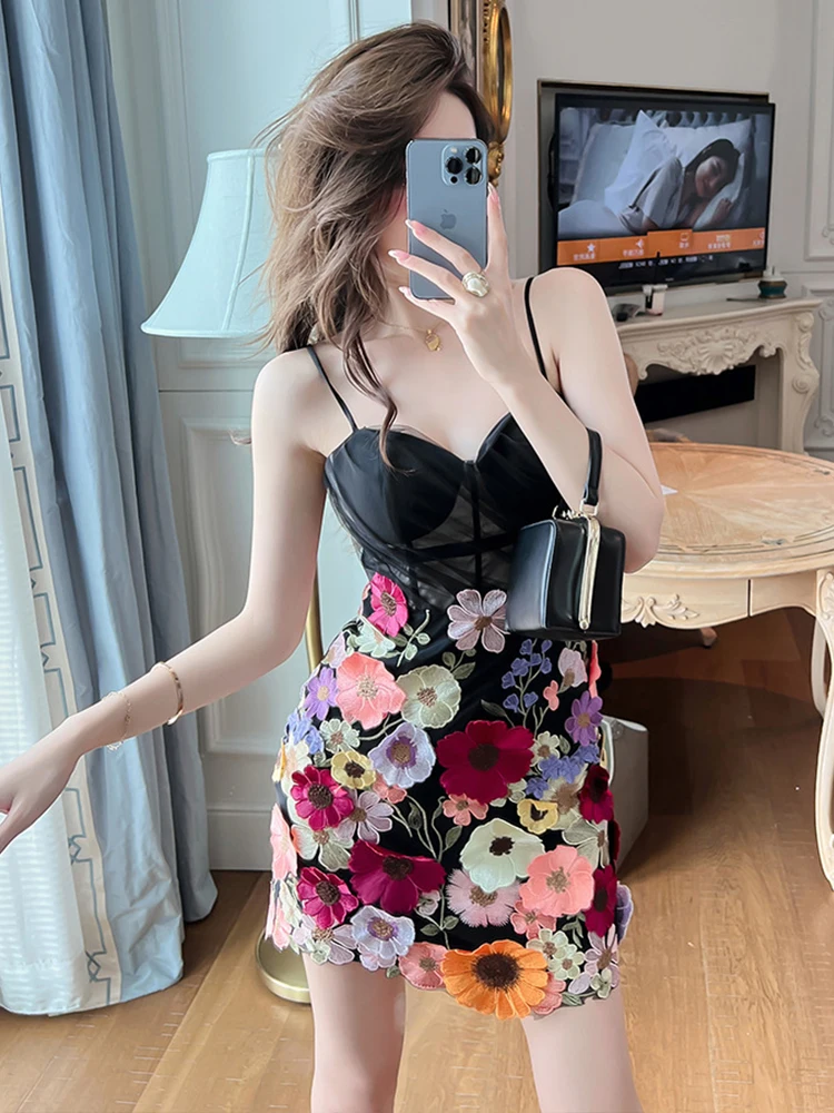 2023 Summer Short Dress for Women Embroidery Lace Floral Panel Mesh Sling Slip Camis Mini Gown Femme Party Vestido Hotsweet Club