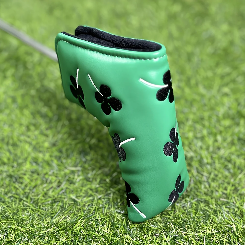 Couvre-tête de Putter de Golf imperméable en PU Durable, 1 pièce, avec conception de trèfle à quatre feuilles et fermeture à bande magique, vert herbe avec noir