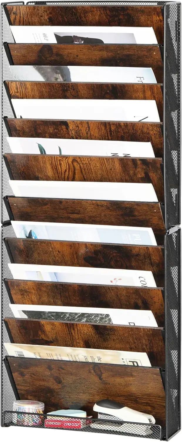 

10-Tier Wall File Organizer with Tray, Wood & Iron Mesh Storage for Office Home School, Black/Antique