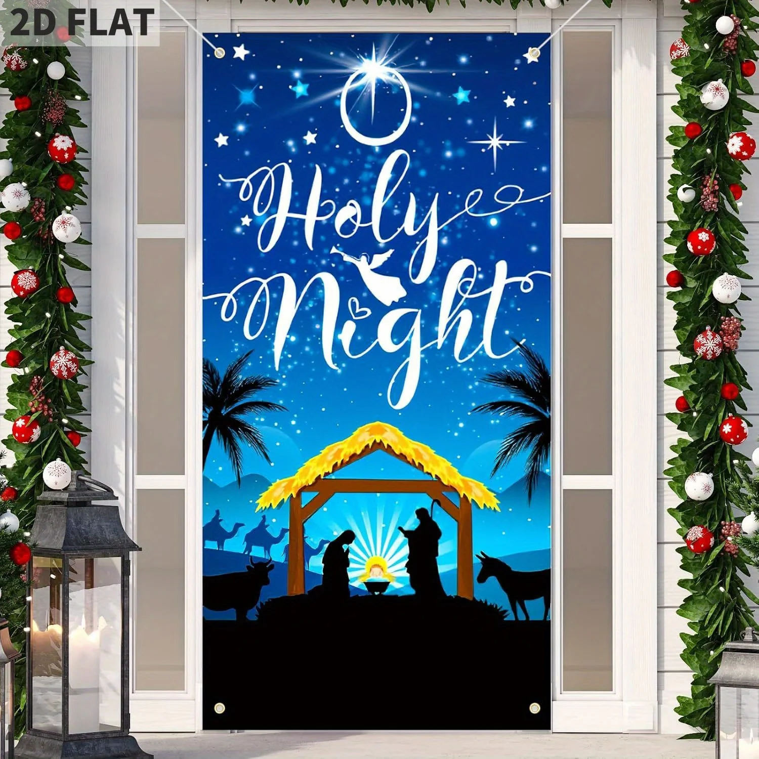 غطاء باب الليل المقدس لعيد الميلاد - لافتة مشهد المهد باللون الأزرق الداكن لمستلزمات حفلات عيد الميلاد مادة البوليستر مع طباعة واضحة