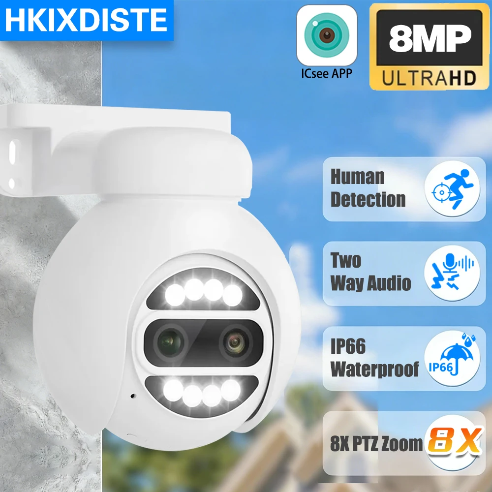 

8MP 4K 8X Digital Zoom Dual Lens ICSee POE PTZ Camera Two-Way Audio IP66 Waterproof Security Video Surveillance CCTV IP Cameras