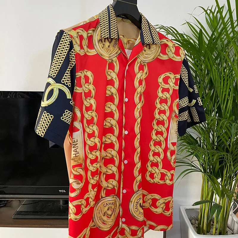 Plus Size 3XL-S Spring Gold RED Print Shirts Social Club Clothing Luxury Baroque Shirts Slim Long Sleeves Mens Designer Shirts