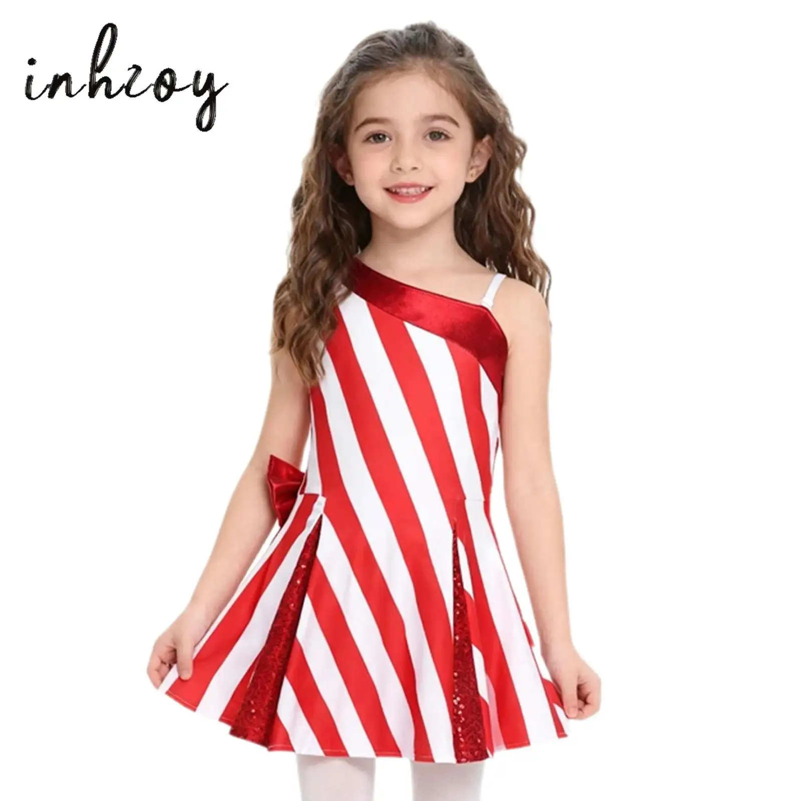 

Girls Christmas Dress One Shoulder Metallic Bow Sequins Contrast Color Striped Dress for Xmas Theme Party Santa Claus Costume