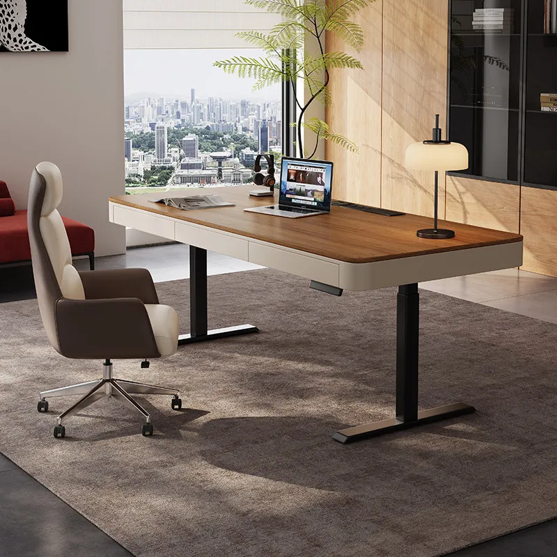 Intelligent electric lifting desk, light luxury high-end study computer desk, minimalist walnut solid wood desk workbench