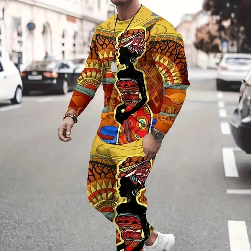 Printed long-sleeve T-shirt set for men 2025 O-neck T-shirt with drawstring waist trousers sports leisurewear set