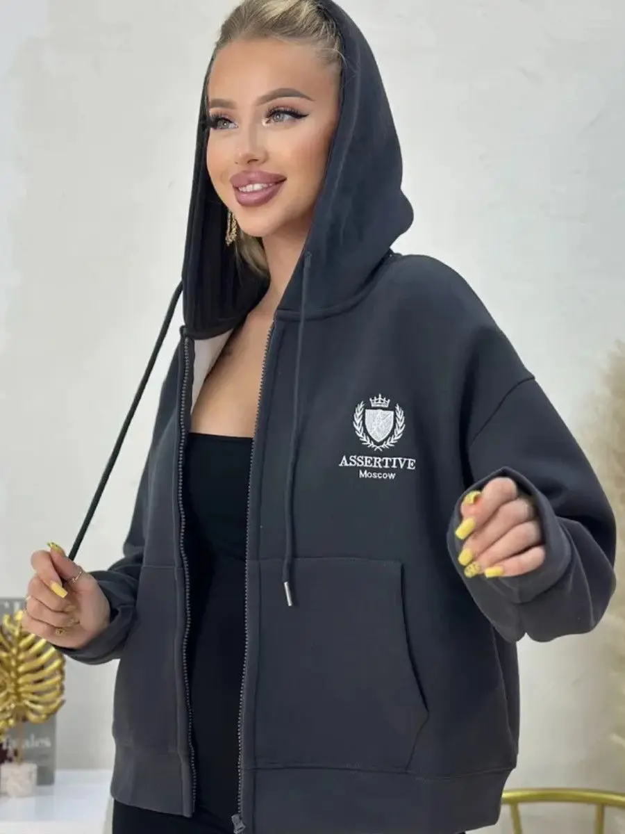 Insignia asertiva moda rusa mujer chaquetas con capucha con cremallera negro gris cárdigan de gran tamaño abrigos Hip Hop parejas calle otoño