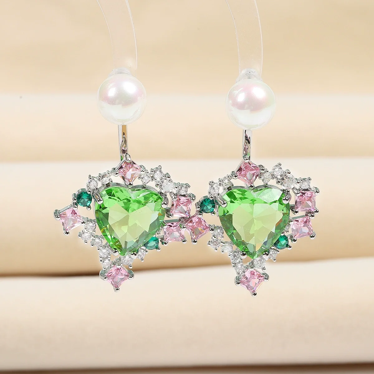 

925 Silver Needle Heart Gemstone Pearl Drop Earrings, Luxury Bridal Wedding Jewelry Gift for Women