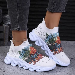 Graffiti Print Platform Sneakers for Women 2024 New Fashion Crystal Knitted Sports Shoes Woman Lightweight Low Top Sock Sneakers