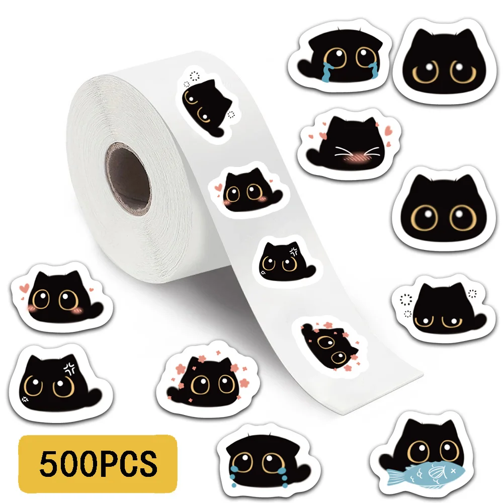 500PCS Black Coal Ball Cat Graffiti Roll Sticker Scrapbook Phone Case Notepad Guitar Skateboard Waterproof Decorative Stickers