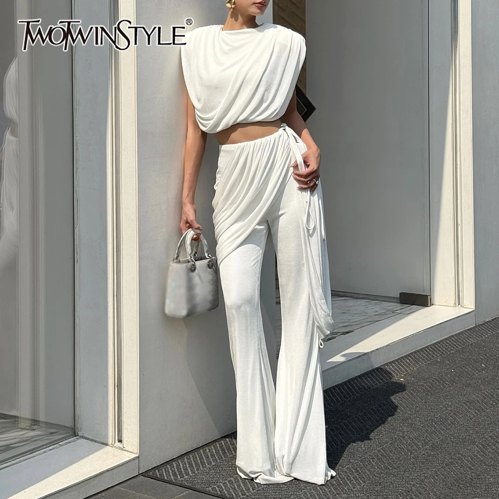 

TWOTWINSTYLE Spliced Folds Elegant Two Piece Sets for Women O Neck Sleeveless Top High Waist Pant Fashion Set Female Clothes New