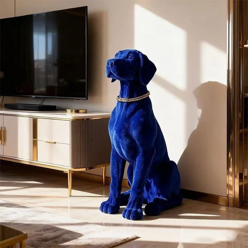 Ground Dog Ornament Blue Flocking Art Resin Sculpture Modern Luxury Living Room TV Stand Sofa Side Decoration Housewarming Gift
