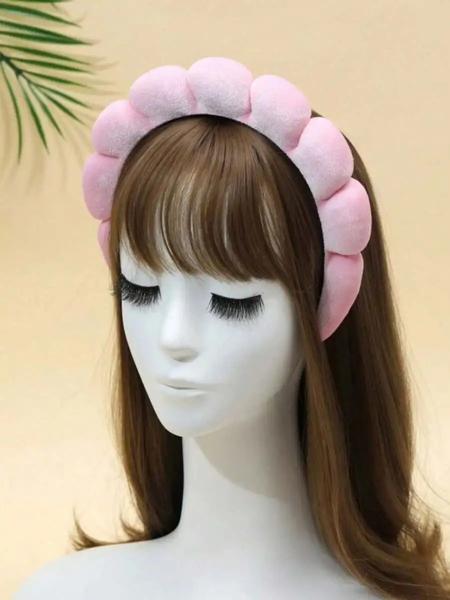 

Pink Velvet Hair Hoop With 2 Matching Wristbands For Spa, Skincare, Makeup, Face Wash And Daily Styling Accessories