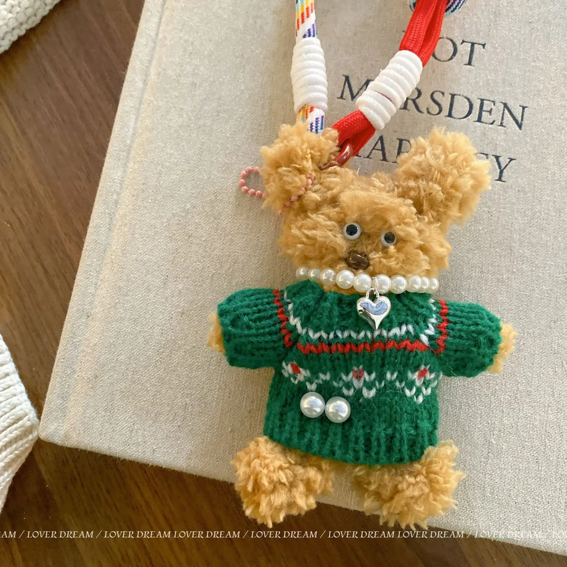 Cute Korean Green Sweater Twist Stick Bear Keyring Fashion Coffee-colored Plaid Bow Poncho Plush Bib Bear Bag Car Pendant Keyfob