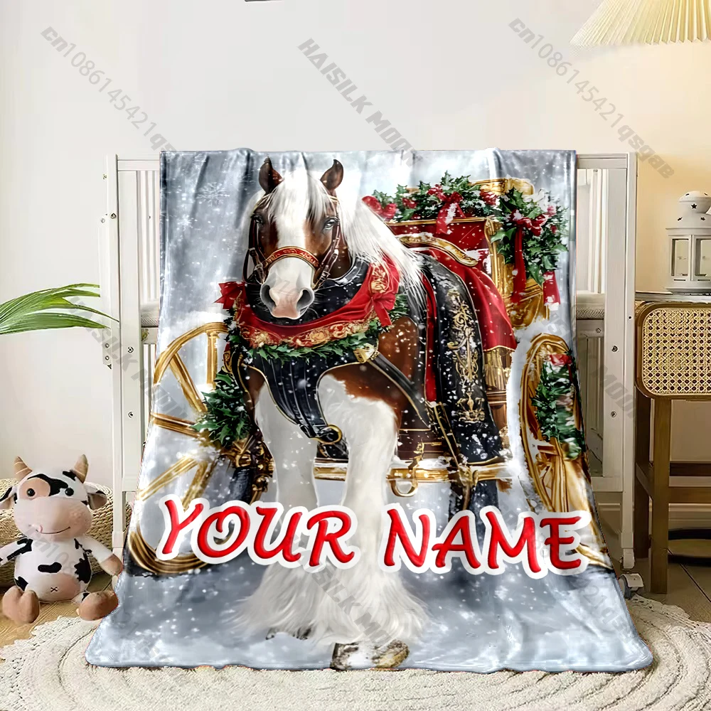 Custom Name Christmas Draft Horse Blanket Vintage Clydesdale Horse Sleigh Snow Scene Flannel Blanket Farmhouse Xmas Decor,Gift