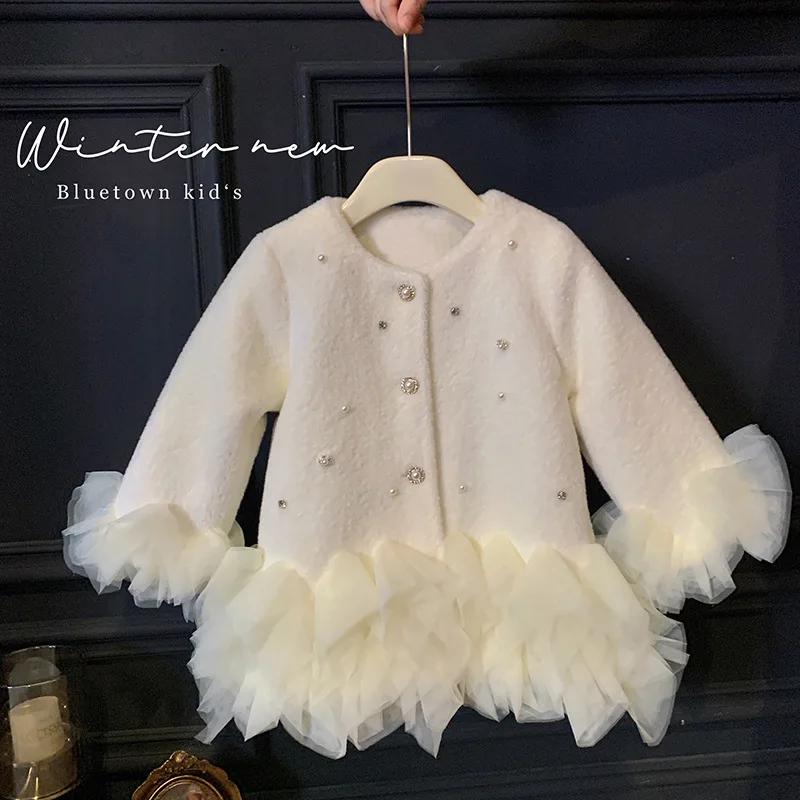 Girls' Furry Autumn And Winter New Mid-Length Quilted Children'S Clothing Baby Birthday Dress Princess Mesh Coat