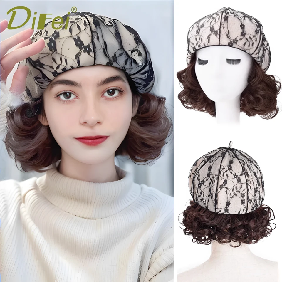 DIFEI Synthetic Wig Hats Wig Fashion Elegant Autumn And Winter Lace Flower Beret Fluffy Short Curly Hair Christmas Party Wig