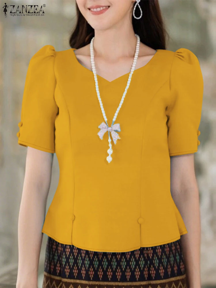 

ZANZEA 2025 Summer Elegant Blouses V-Neck Short Puff Sleeve Commute Office Woman Tops Slim-Fit Side-Zipper Fashion Blusas Mujer