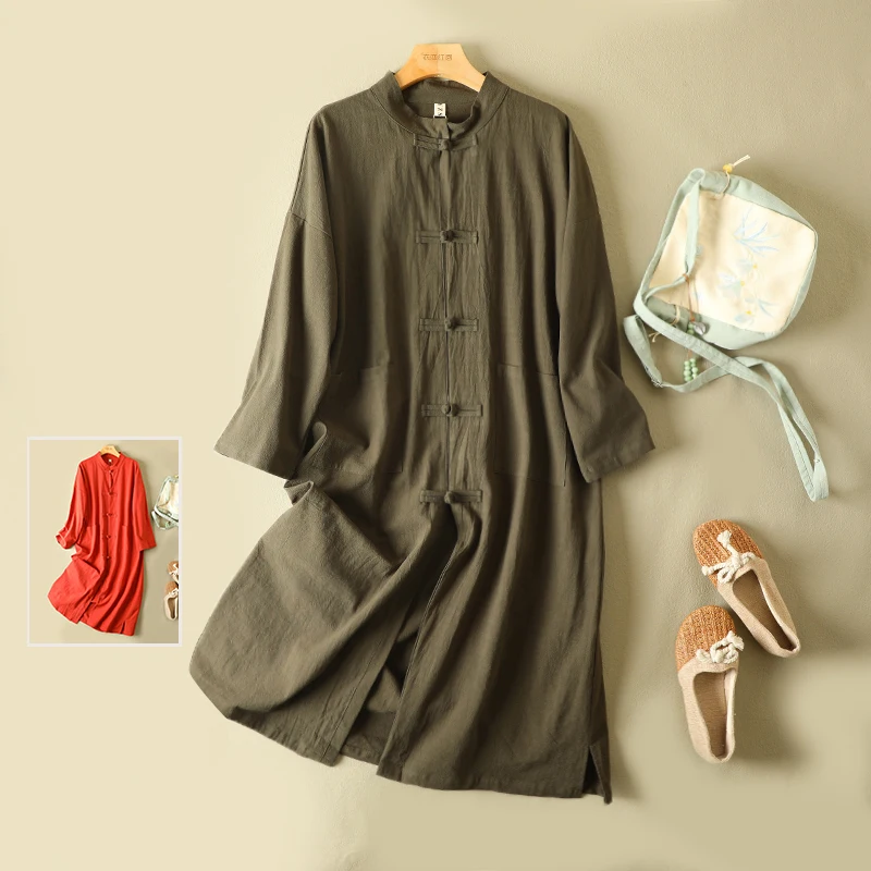 

Ретро чистый цвет двойной хлопковый льняной открытый кардиган куртка больших размеров женское длинное длинное пальто с воротником-стойкой на пуговицах и разрезом