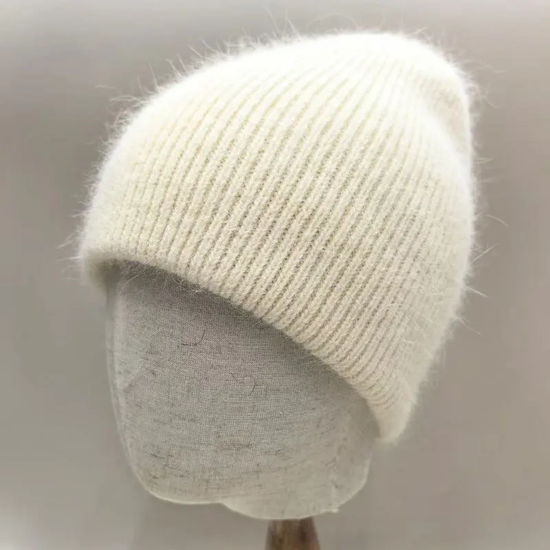 

Winter Hats For Women Soft Rabbit Fur Lined Knit Beanie | Double Layer Hat Cozy Baggy Slouchy Cap Keep Warm Solid Color New